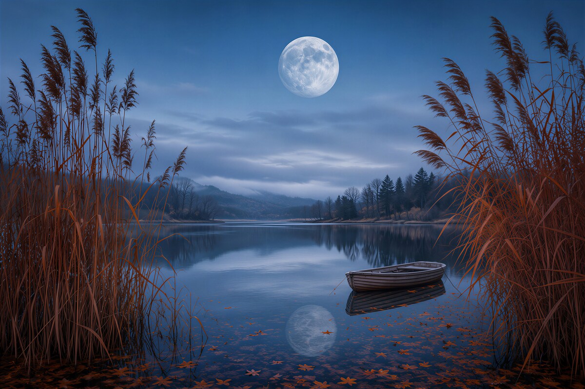 Fototapeten nächtlicher See mit Mond