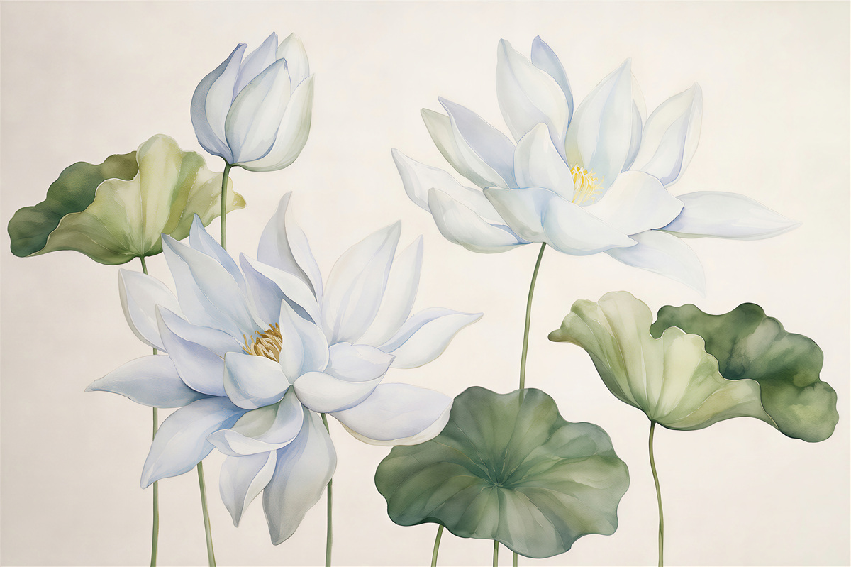 Fototapeten weiße Lotosblumen mit Blättern