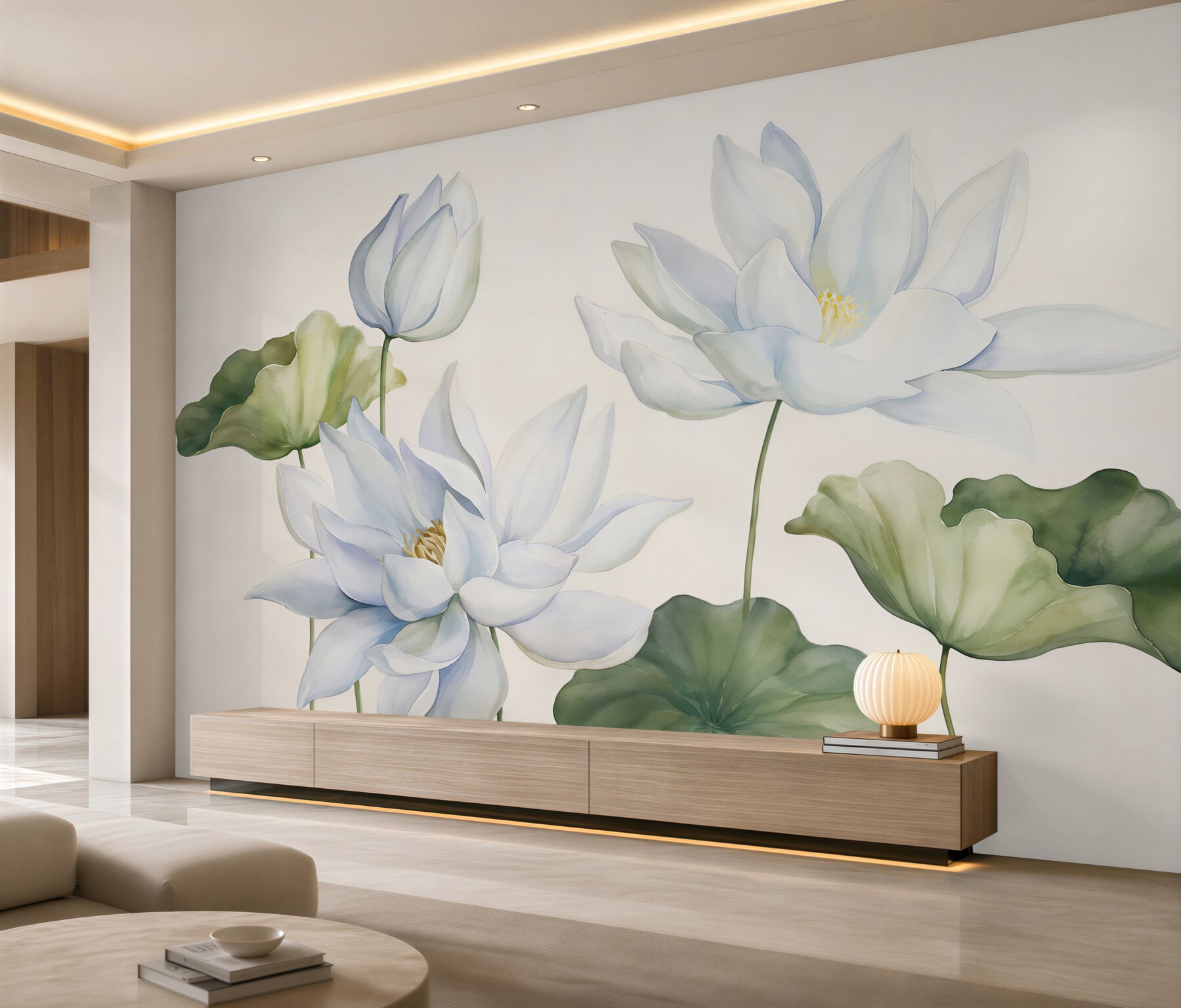 Fototapeten weiße Lotosblumen mit Blättern