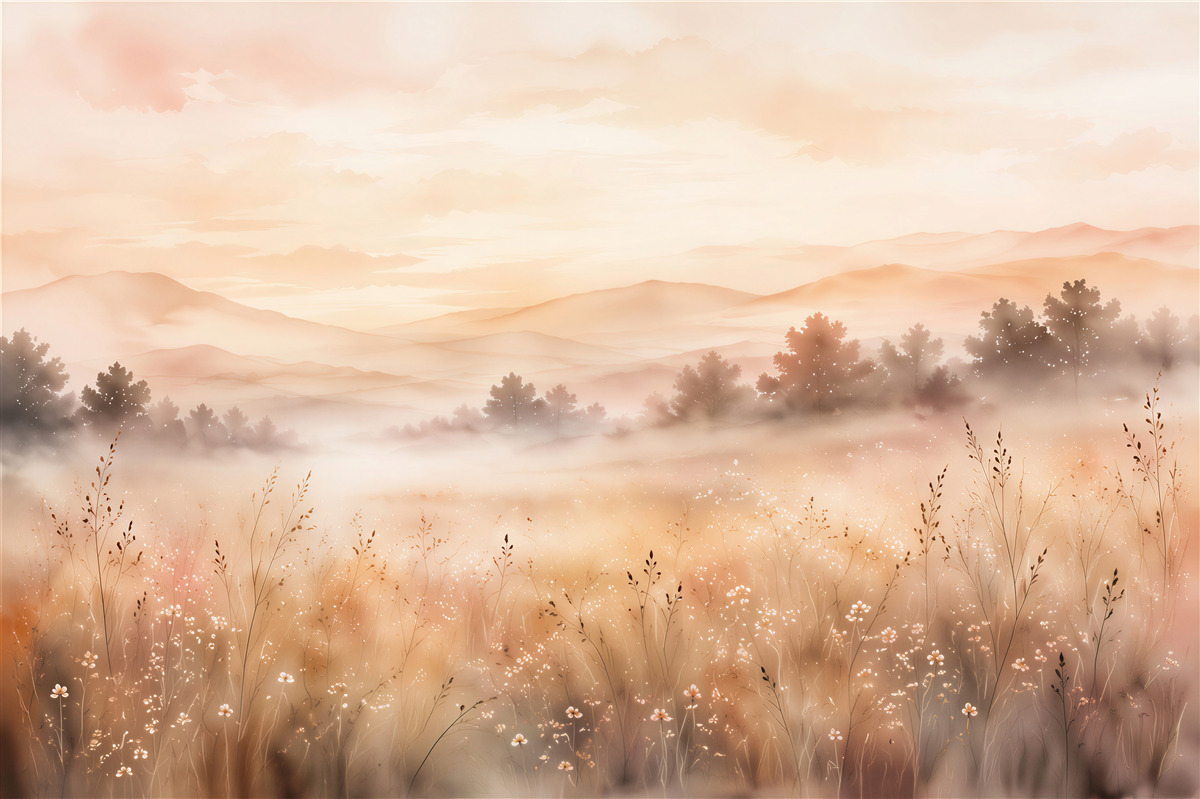 Fototapeten nebliger Landschaft bei Sonnenuntergang
