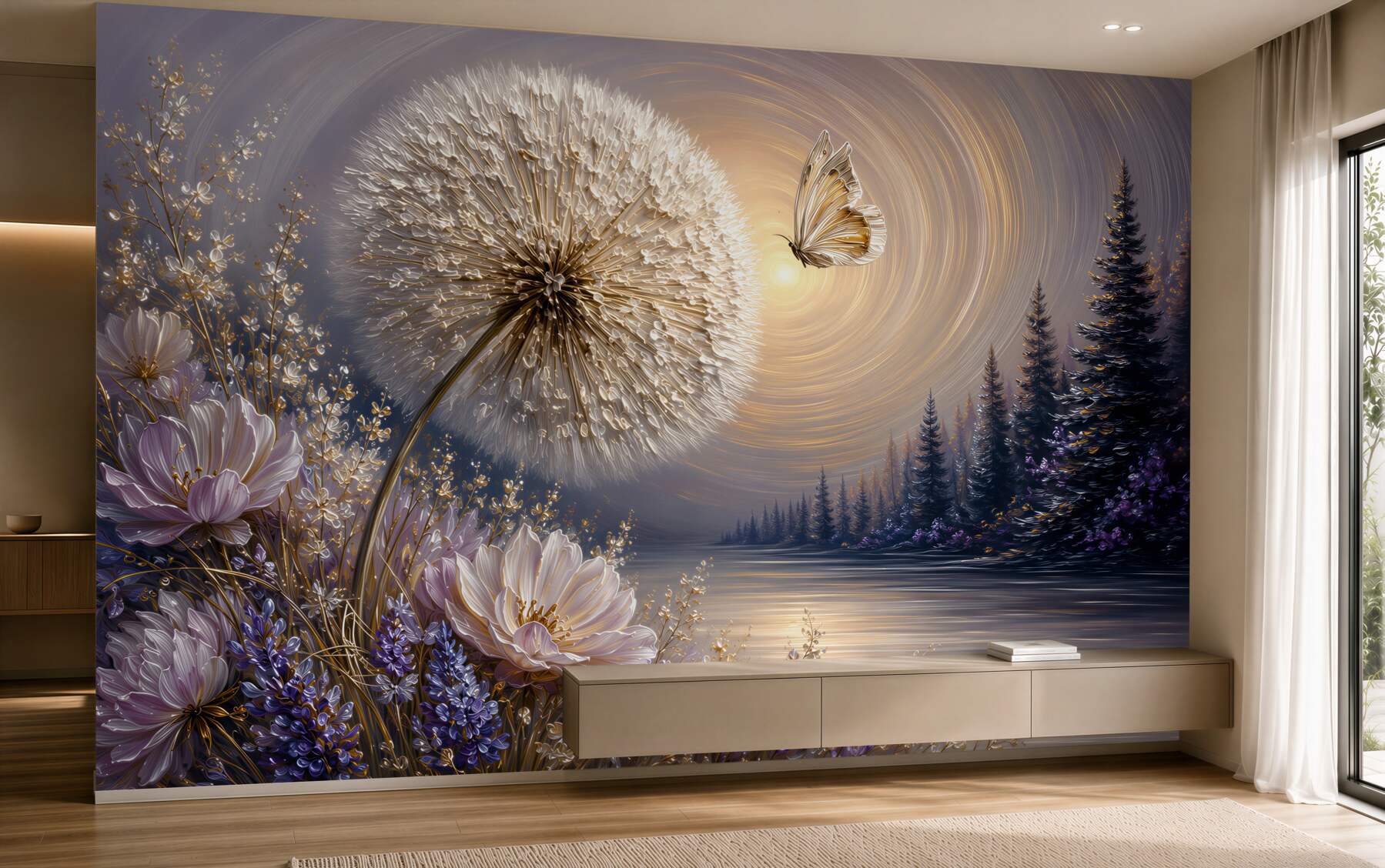 Fototapeten Löwenzahn mit Schmetterling