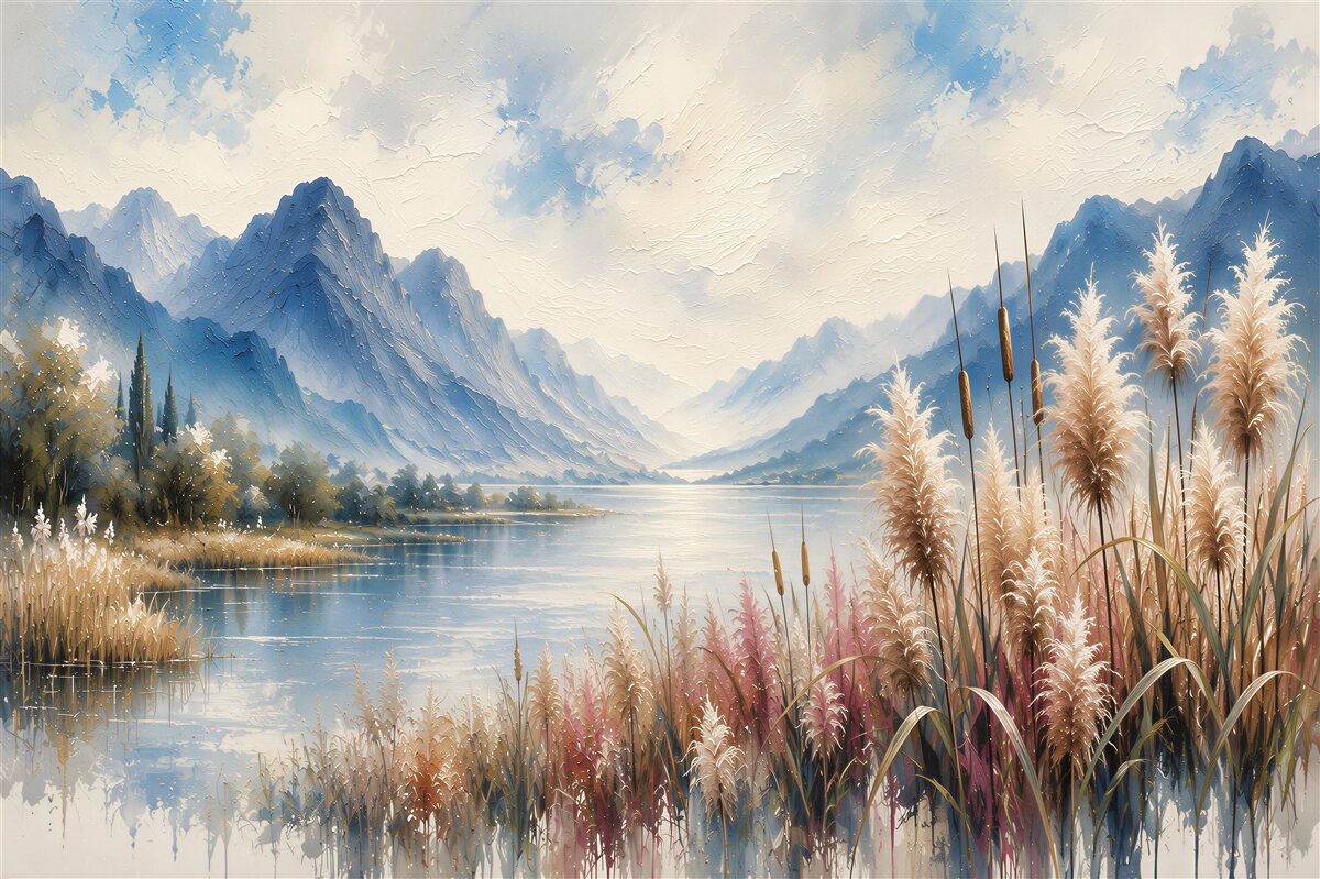 Fototapeten Berglandschaft mit See