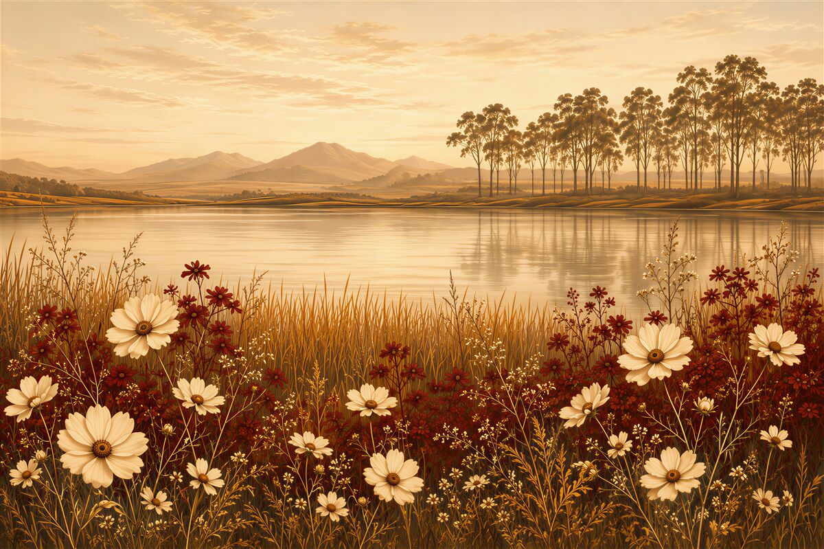 Fototapeten Landschaft mit Blumen am See