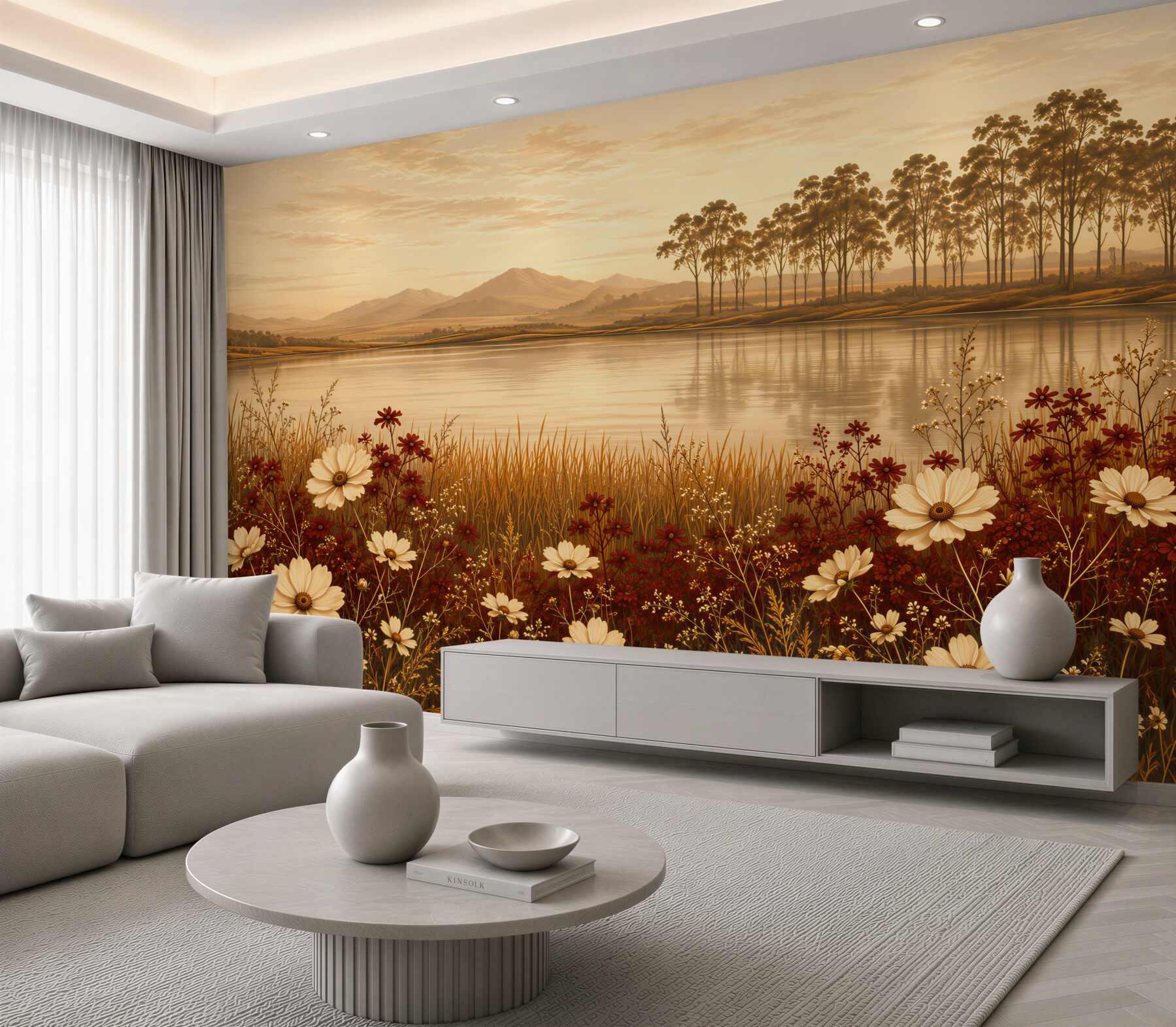 Fototapeten Landschaft mit Blumen am See