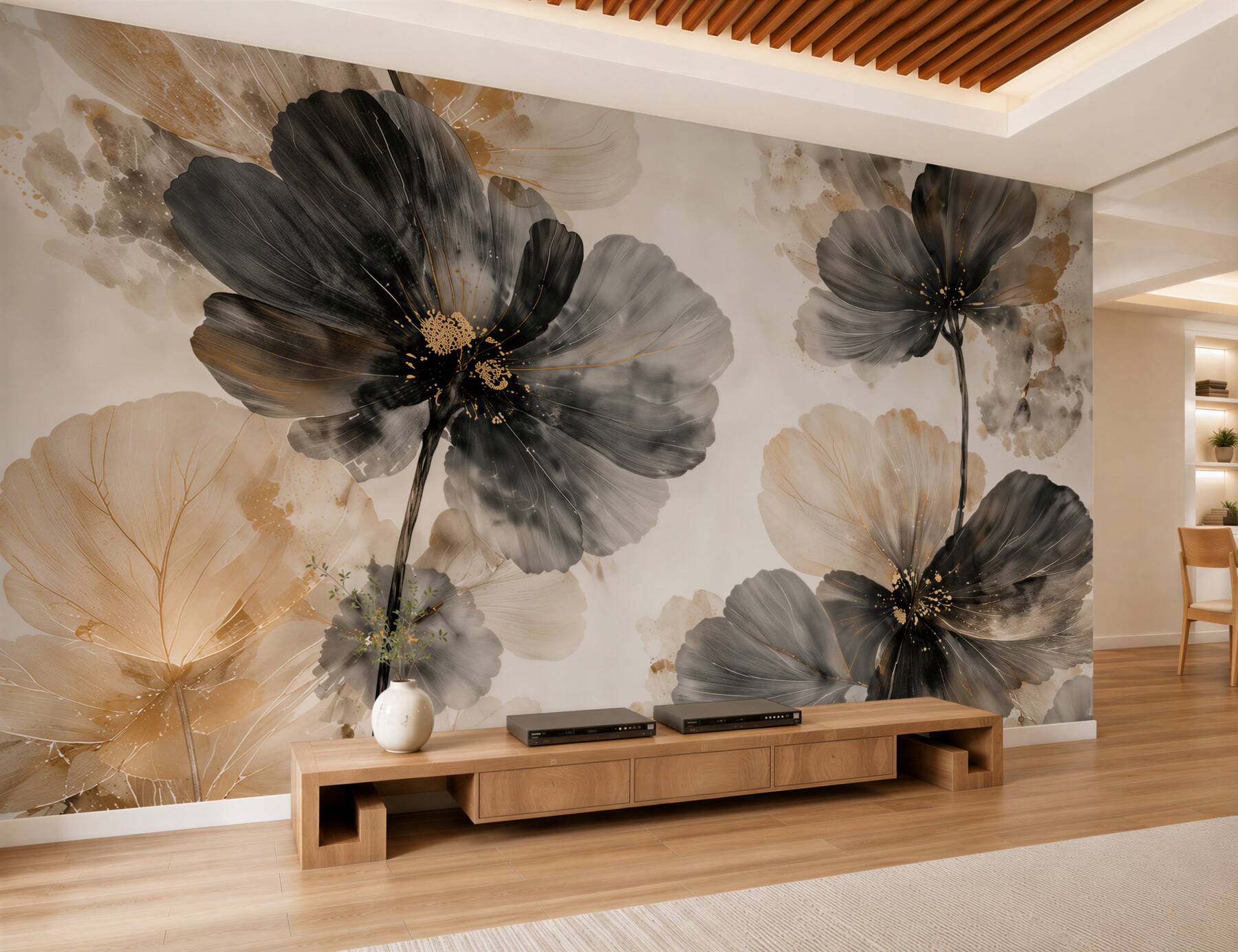 Fototapeten Blumen in Grautönen und Gold