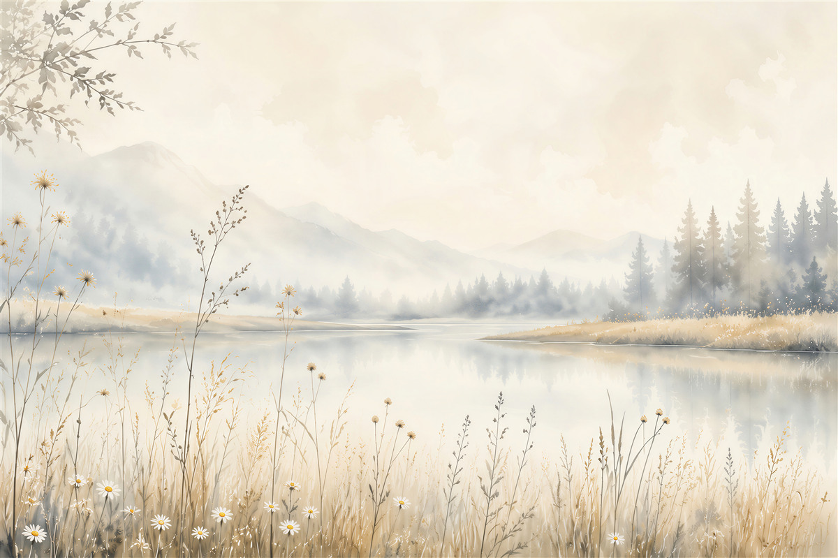 Fototapeten neblige Landschaft mit See