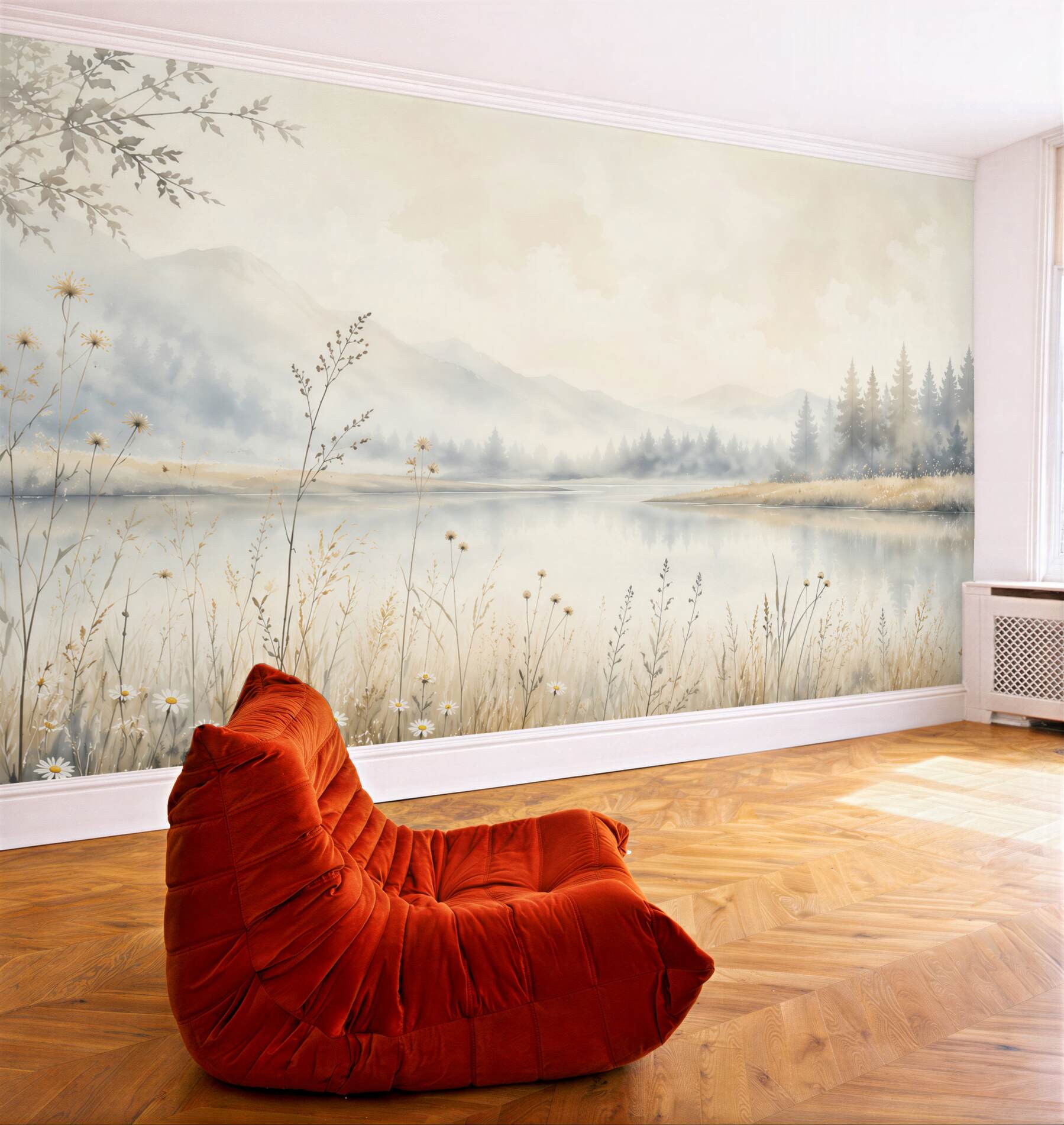 Fototapeten neblige Landschaft mit See