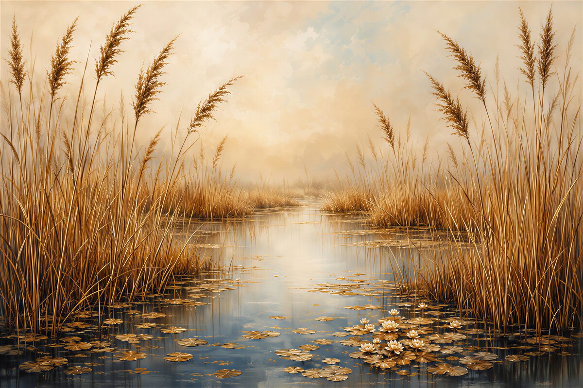 Fototapeten goldene Schilfrohre am Wasser