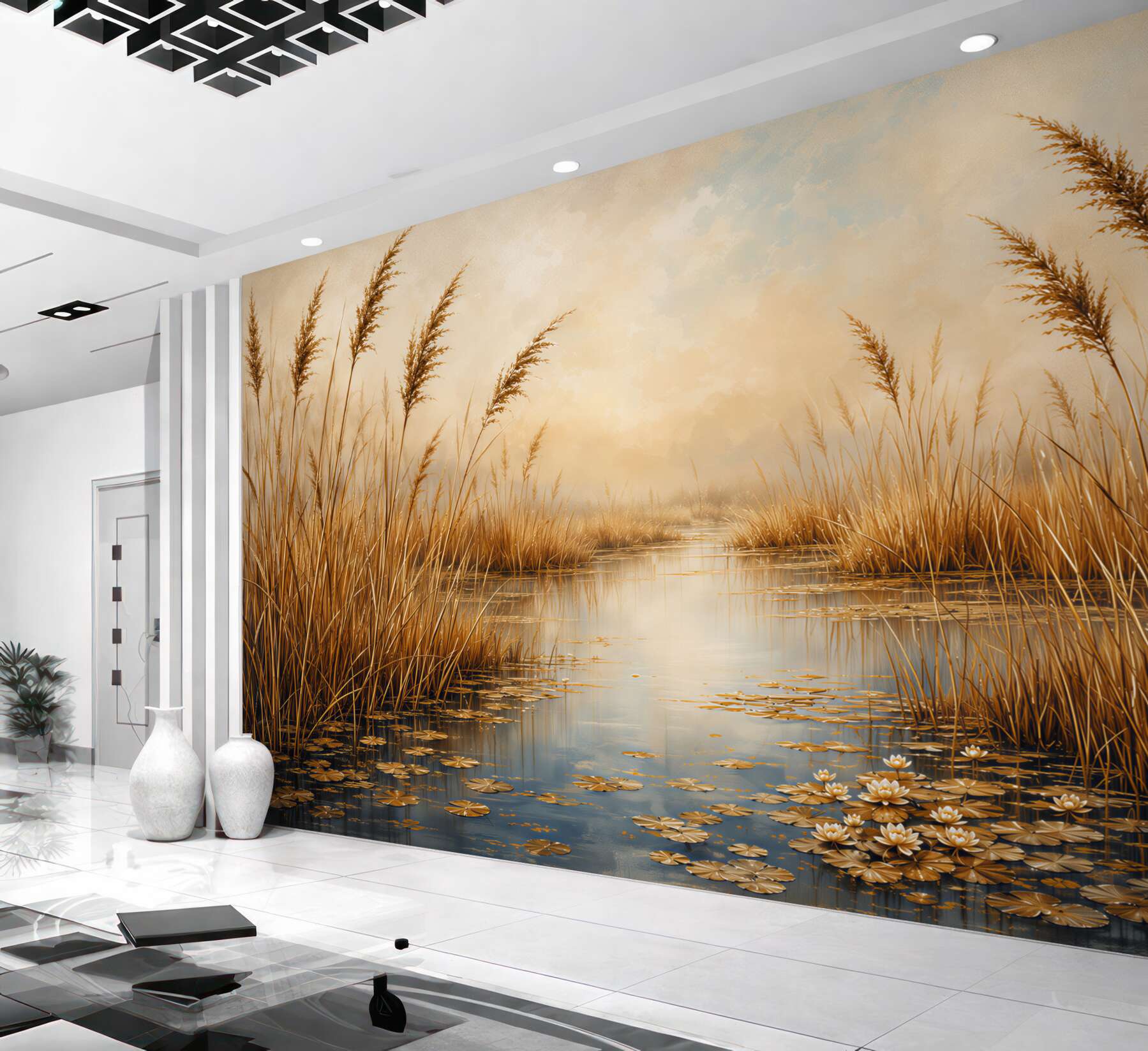 Fototapeten goldene Schilfrohre am Wasser