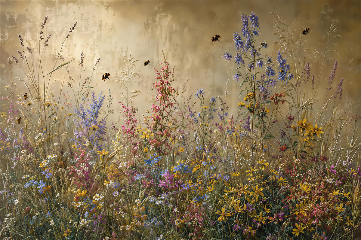 Fototapeten wilde Blumen auf goldenem Hintergrund