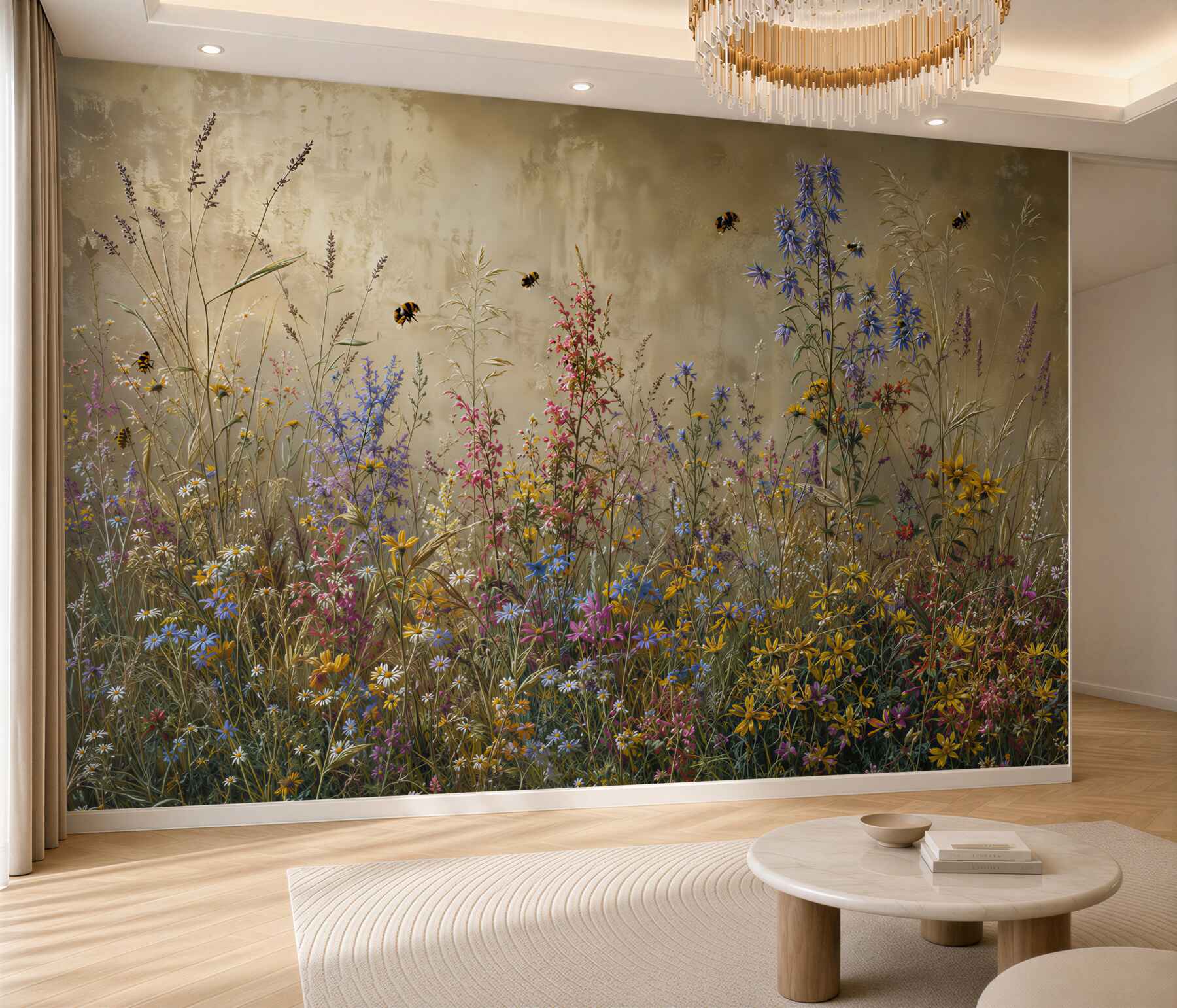 Fototapeten wilde Blumen auf goldenem Hintergrund