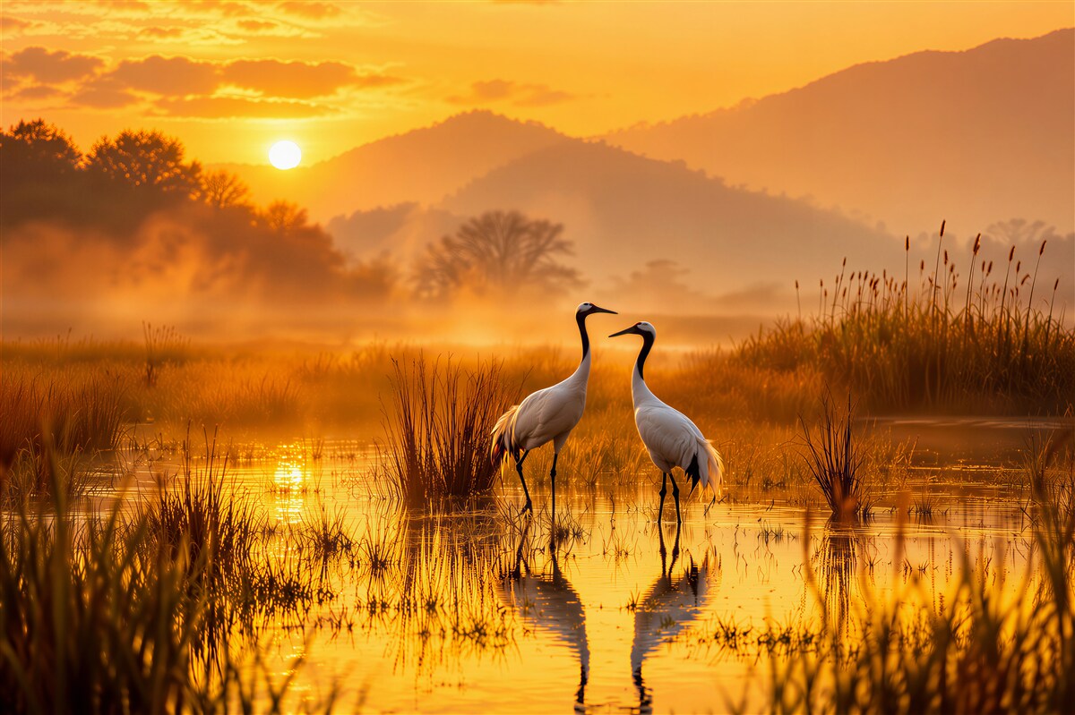 Fototapeten Kraniche im goldenen Sonnenuntergang