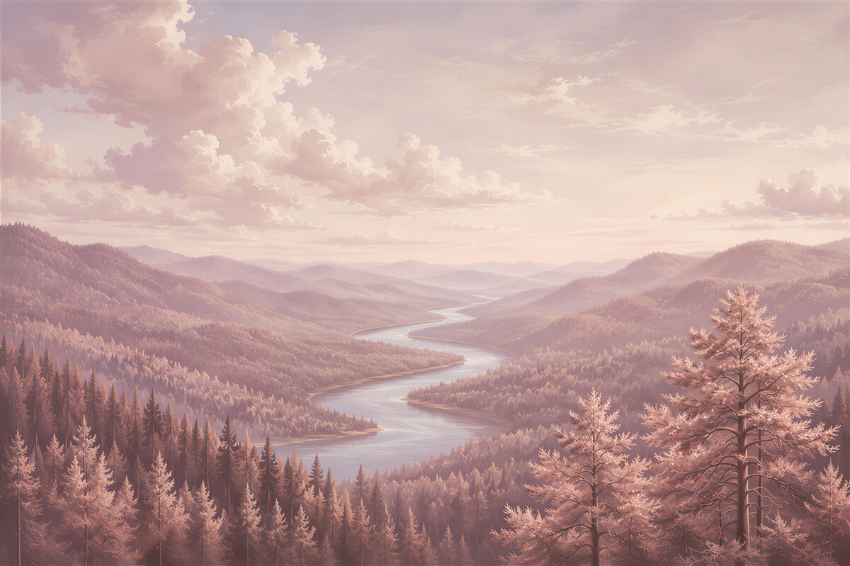 Fototapeten Berglandschaft mit Fluss