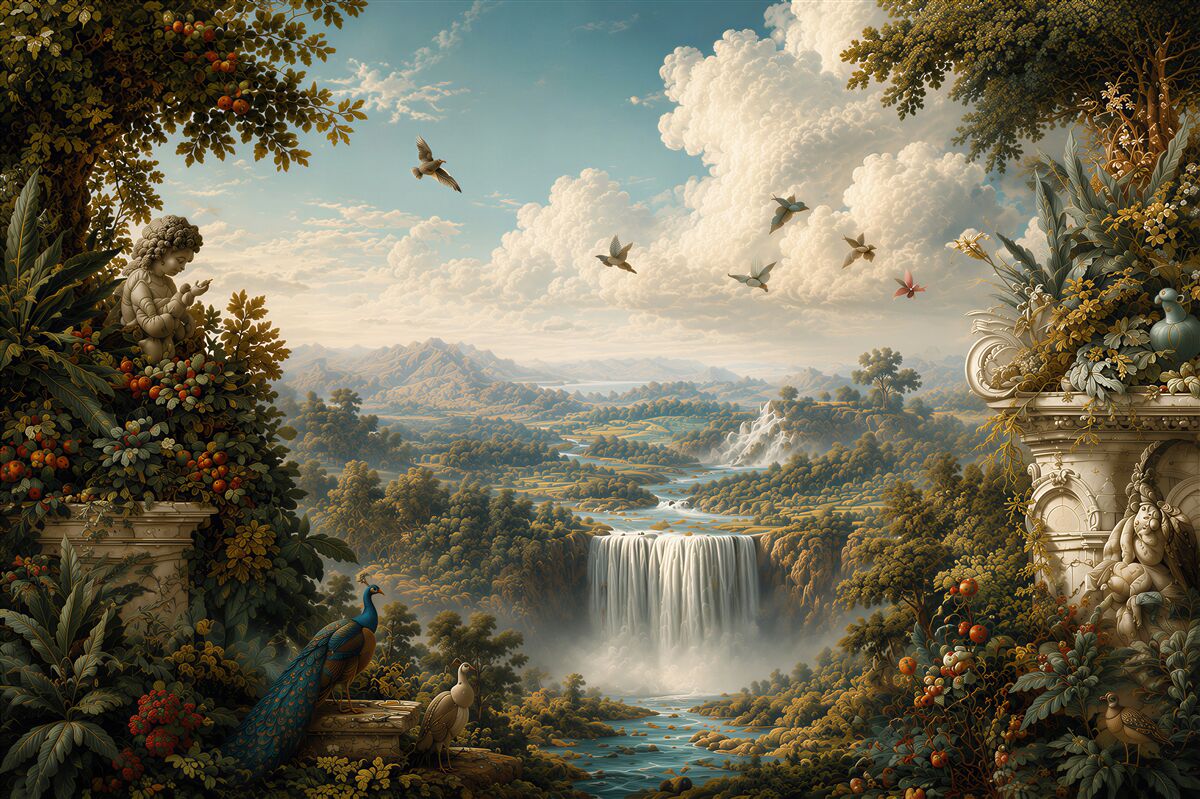 Fototapeten Wasserfall und Vögel in der Landschaft