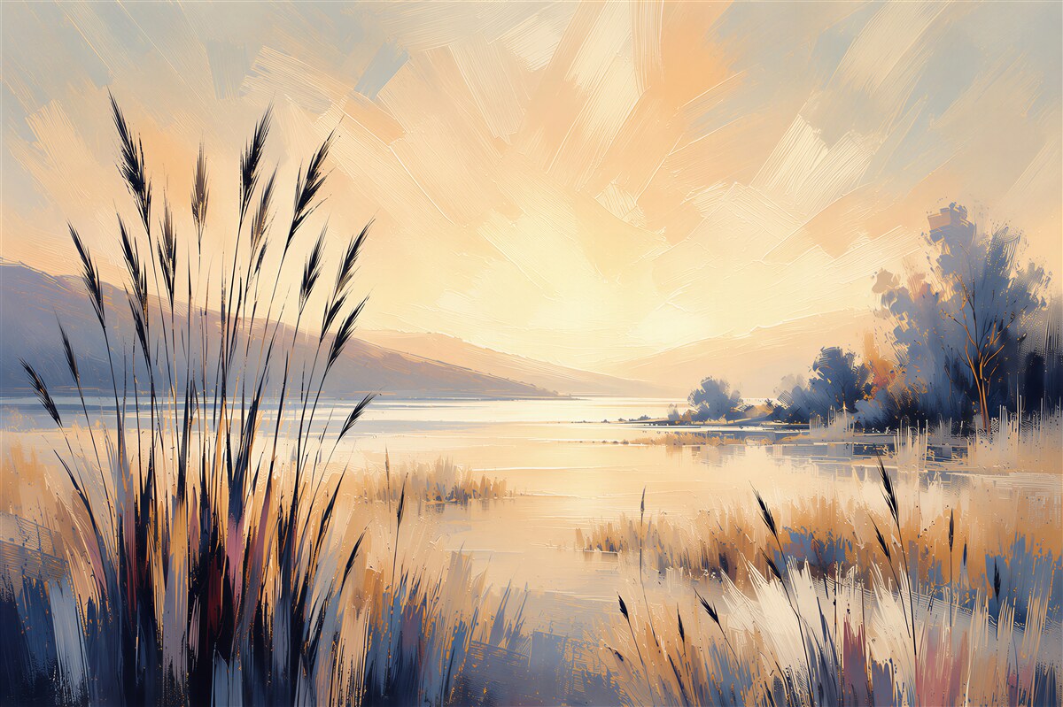 Fototapeten Landschaft mit See bei Sonnenaufgang