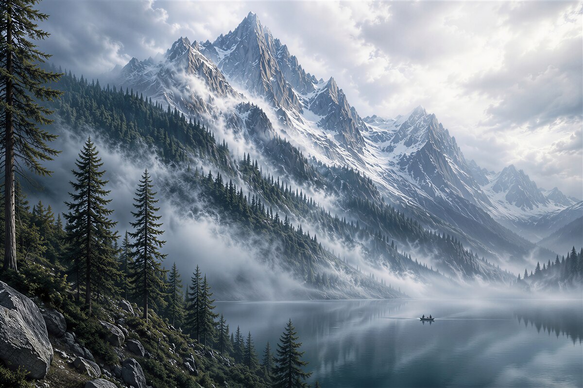 Fototapeten Bergsee im Nebel