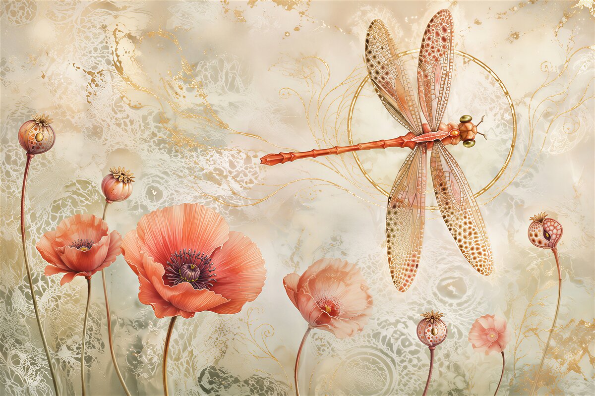 Fototapeten Libelle und Mohnblumen