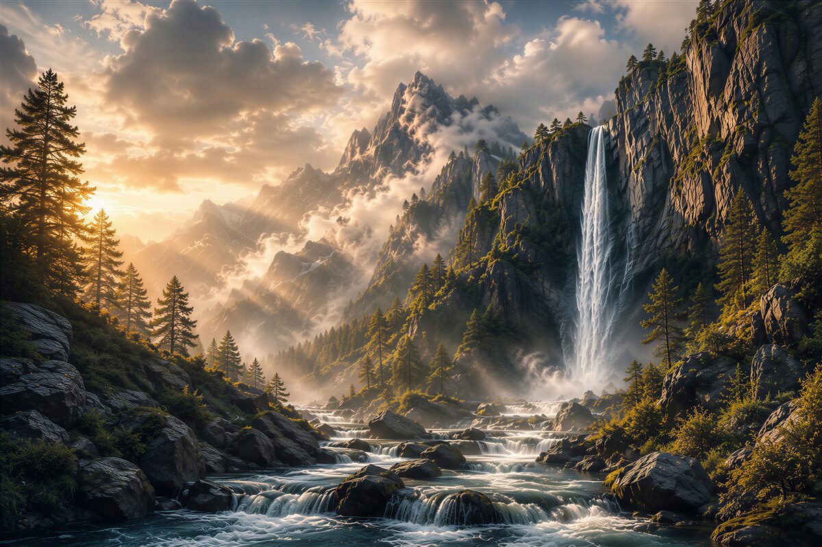 Fototapeten Bergwasserfall bei Sonnenuntergang