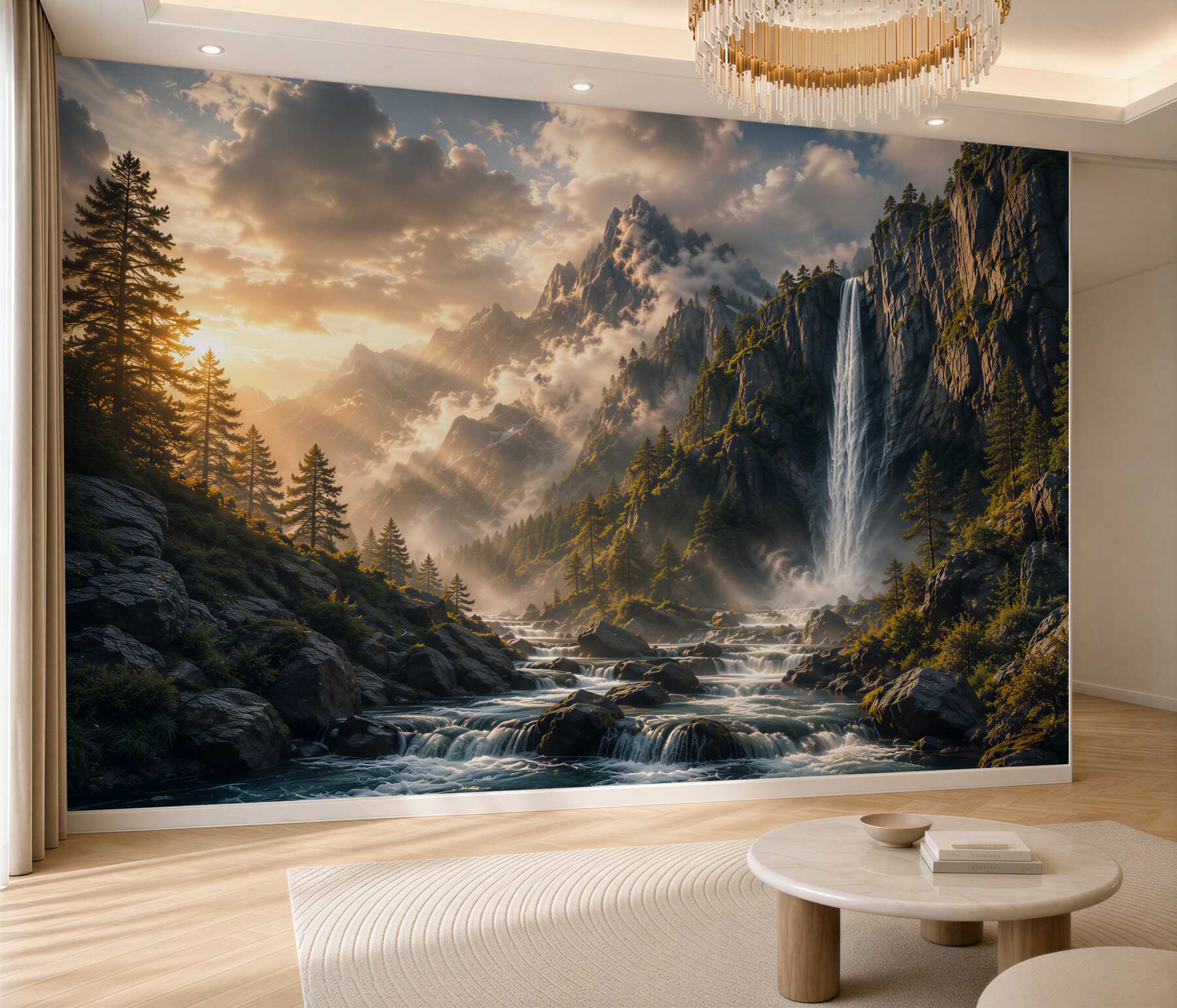 Fototapeten Bergwasserfall bei Sonnenuntergang