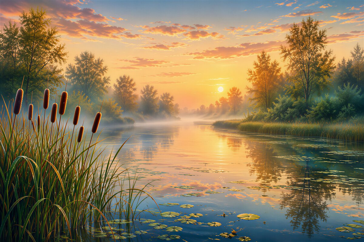Fototapeten Sonnenuntergang über dem Fluss