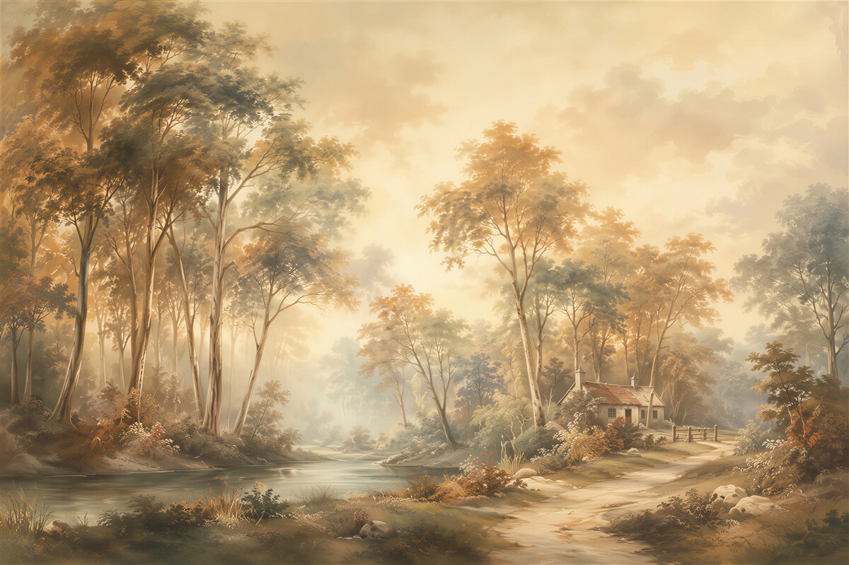 Fototapeten Wald mit einem Haus am Fluss