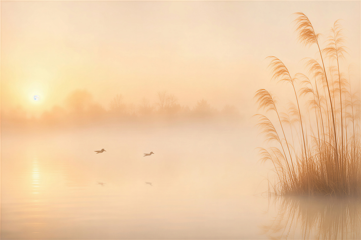 Fototapeten Morgennebel über dem See