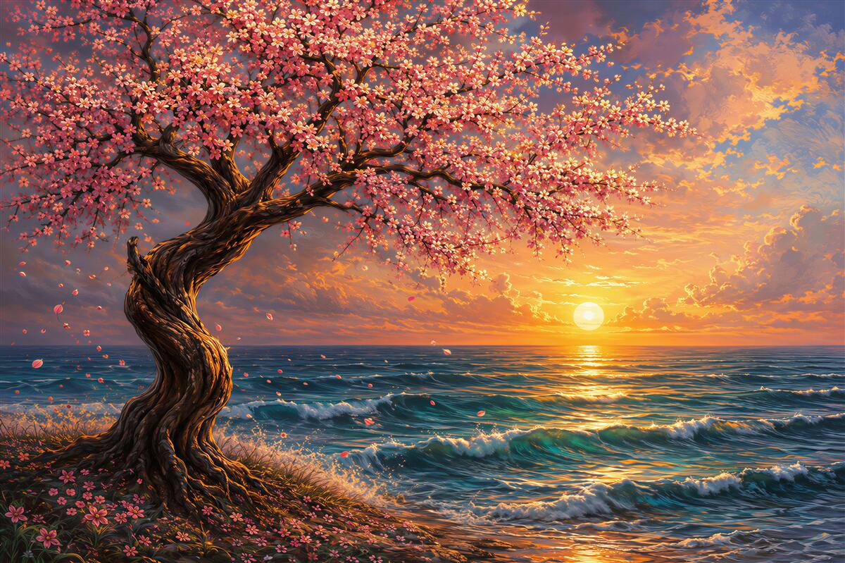 Fototapeten Kirschbaum am Meer bei Sonnenuntergang
