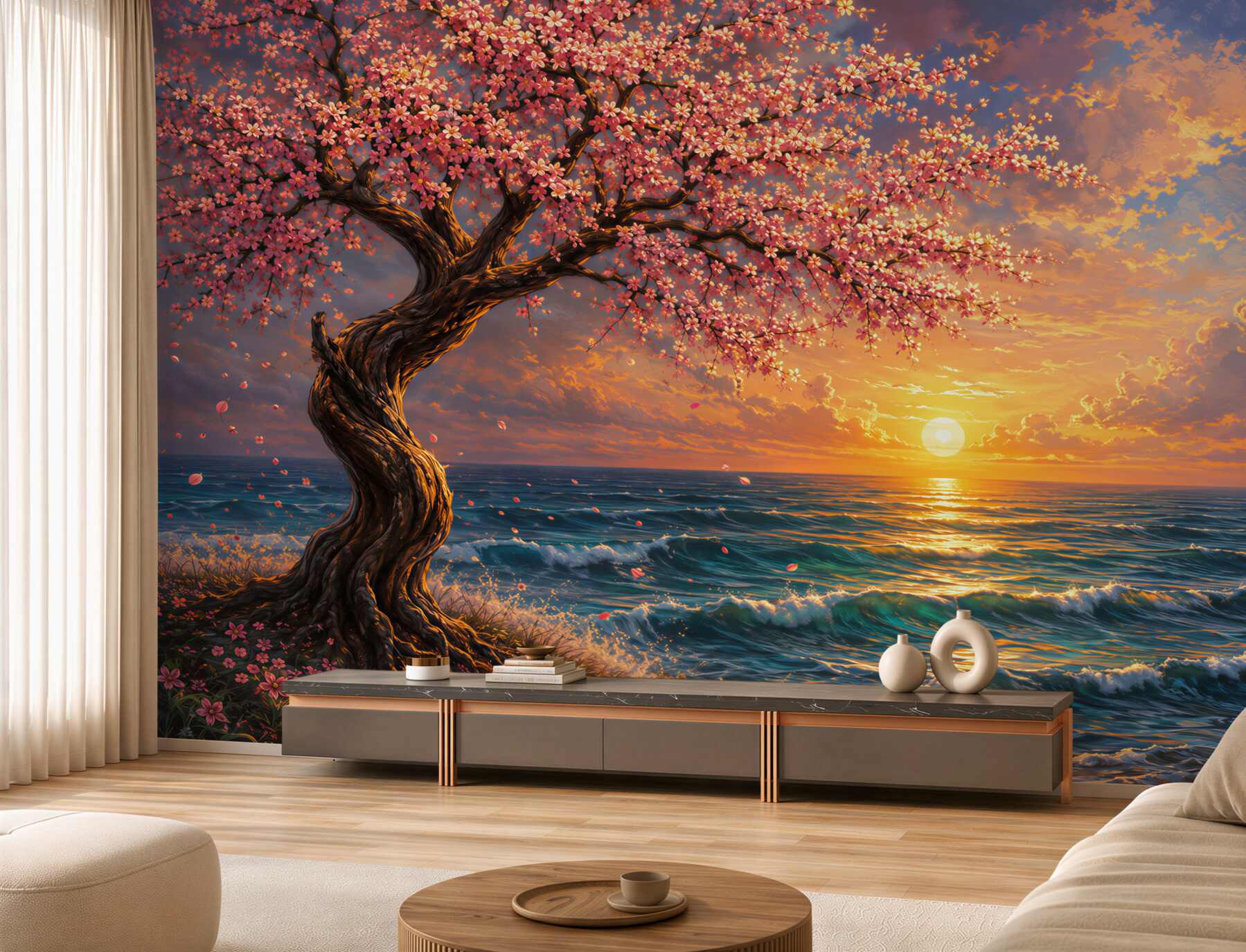 Fototapeten Kirschbaum am Meer bei Sonnenuntergang