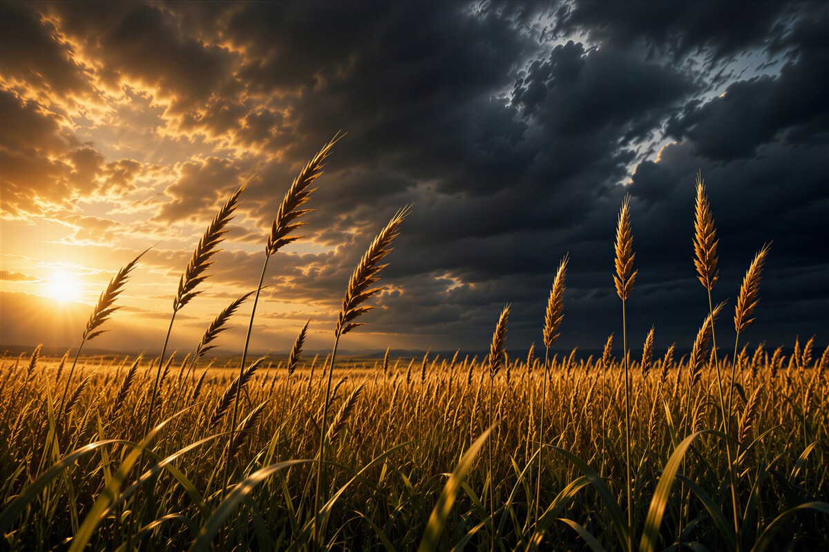 Fototapeten Sonnenuntergang über dem Weizenfeld