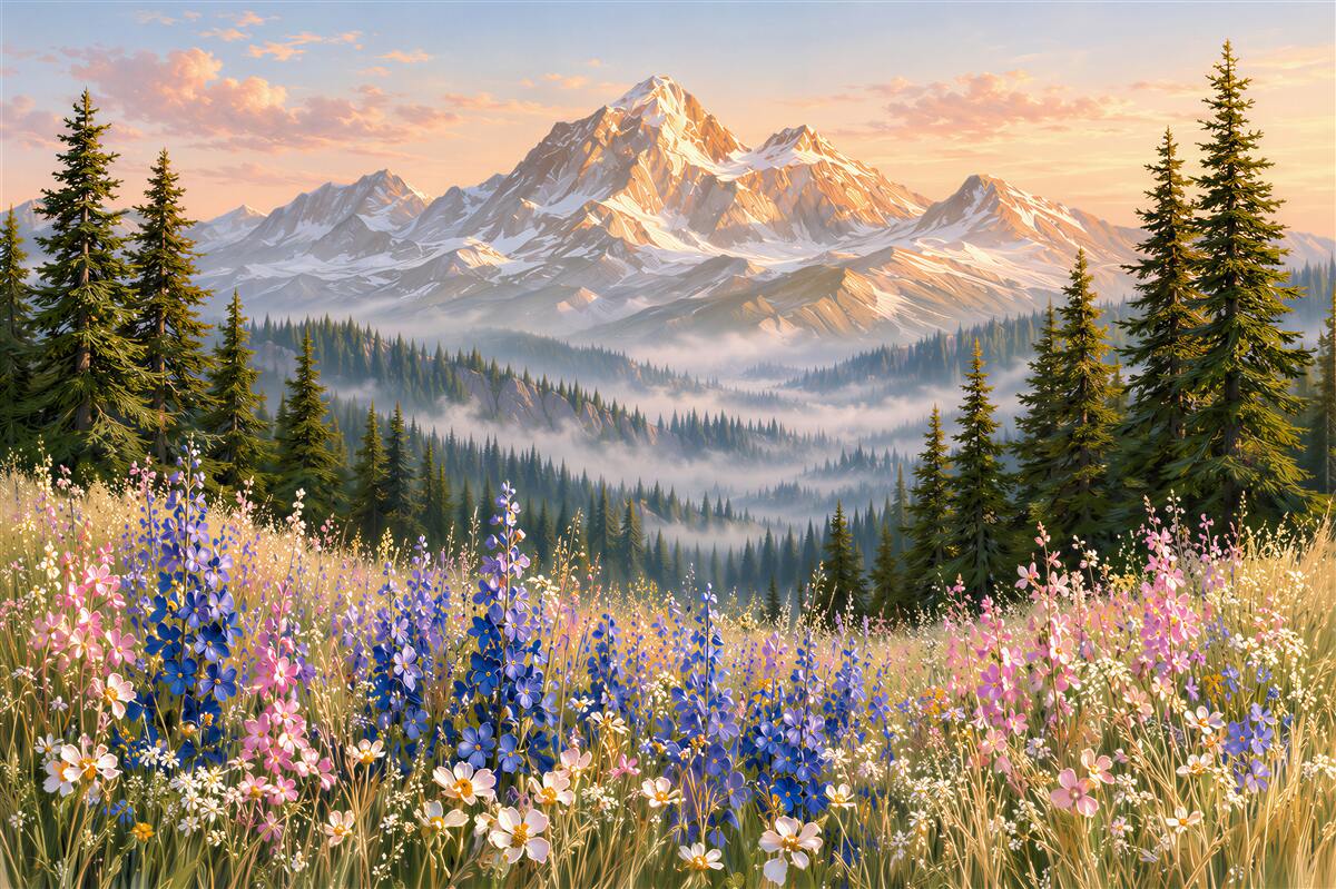 Fototapeten Berglandschaft mit Wiese und Blumen