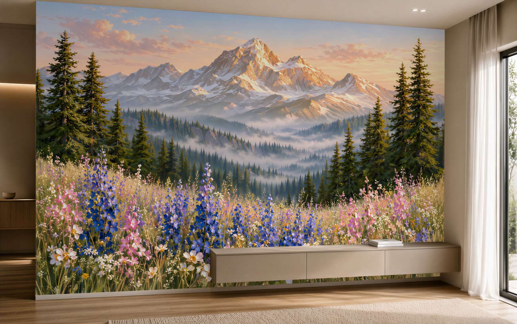 Fototapeten Berglandschaft mit Wiese und Blumen