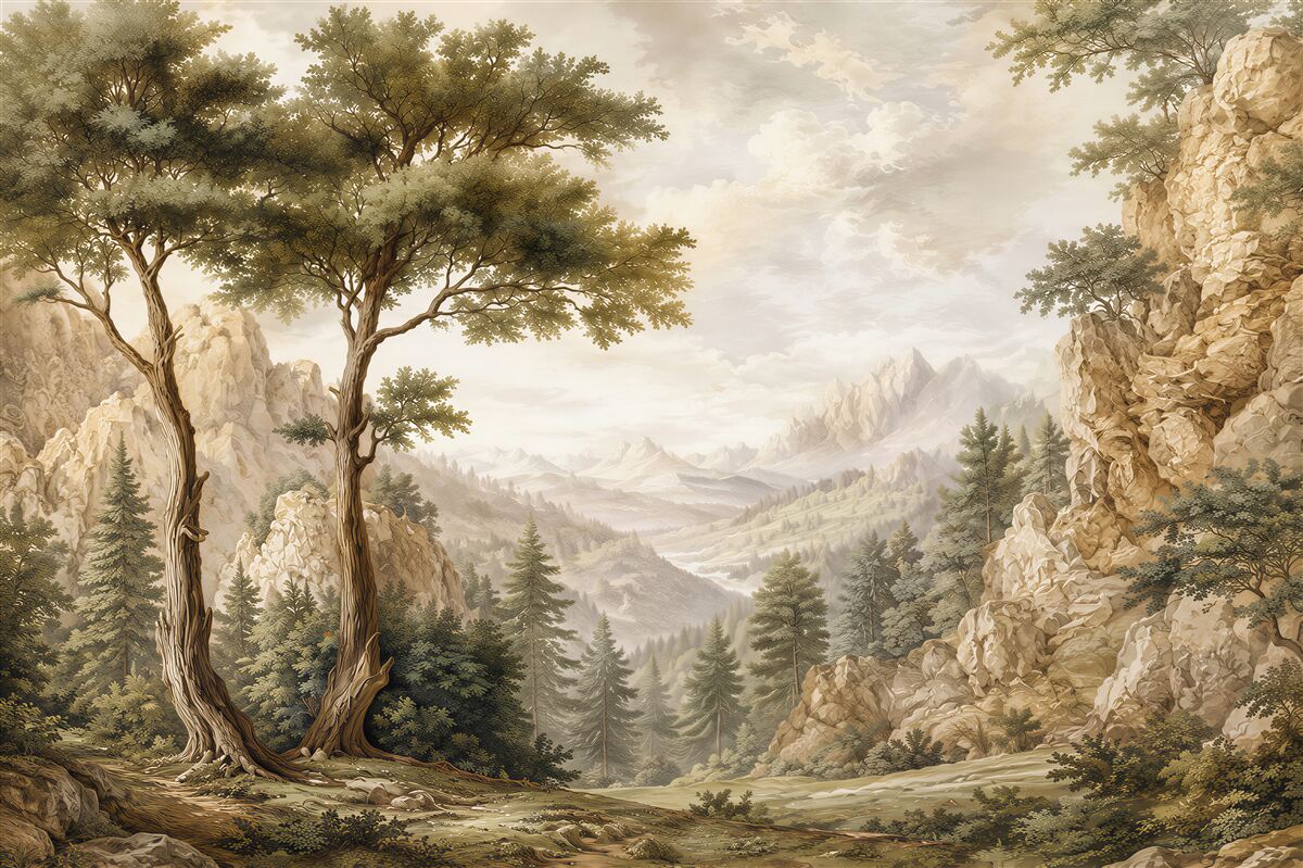 Fototapeten Berglandschaft mit Bäumen
