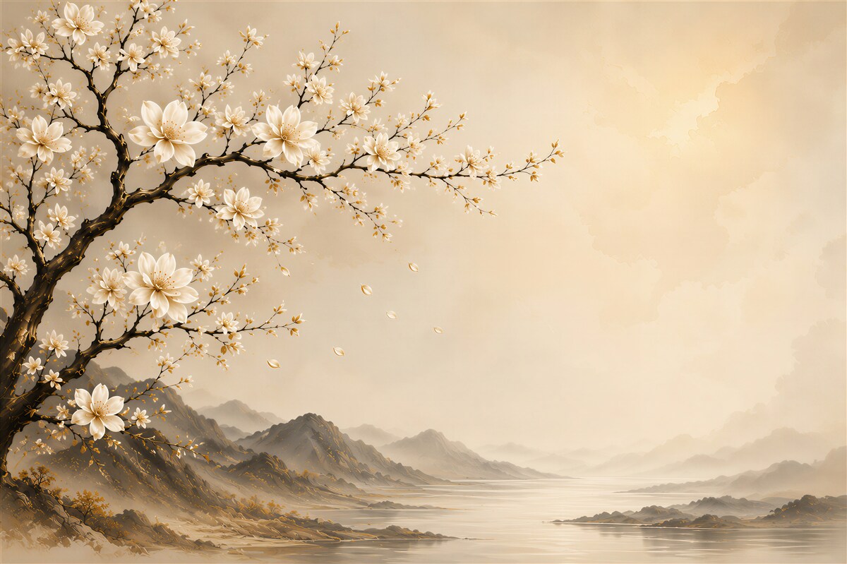 Fototapeten blühende Magnolie mit Landschaft