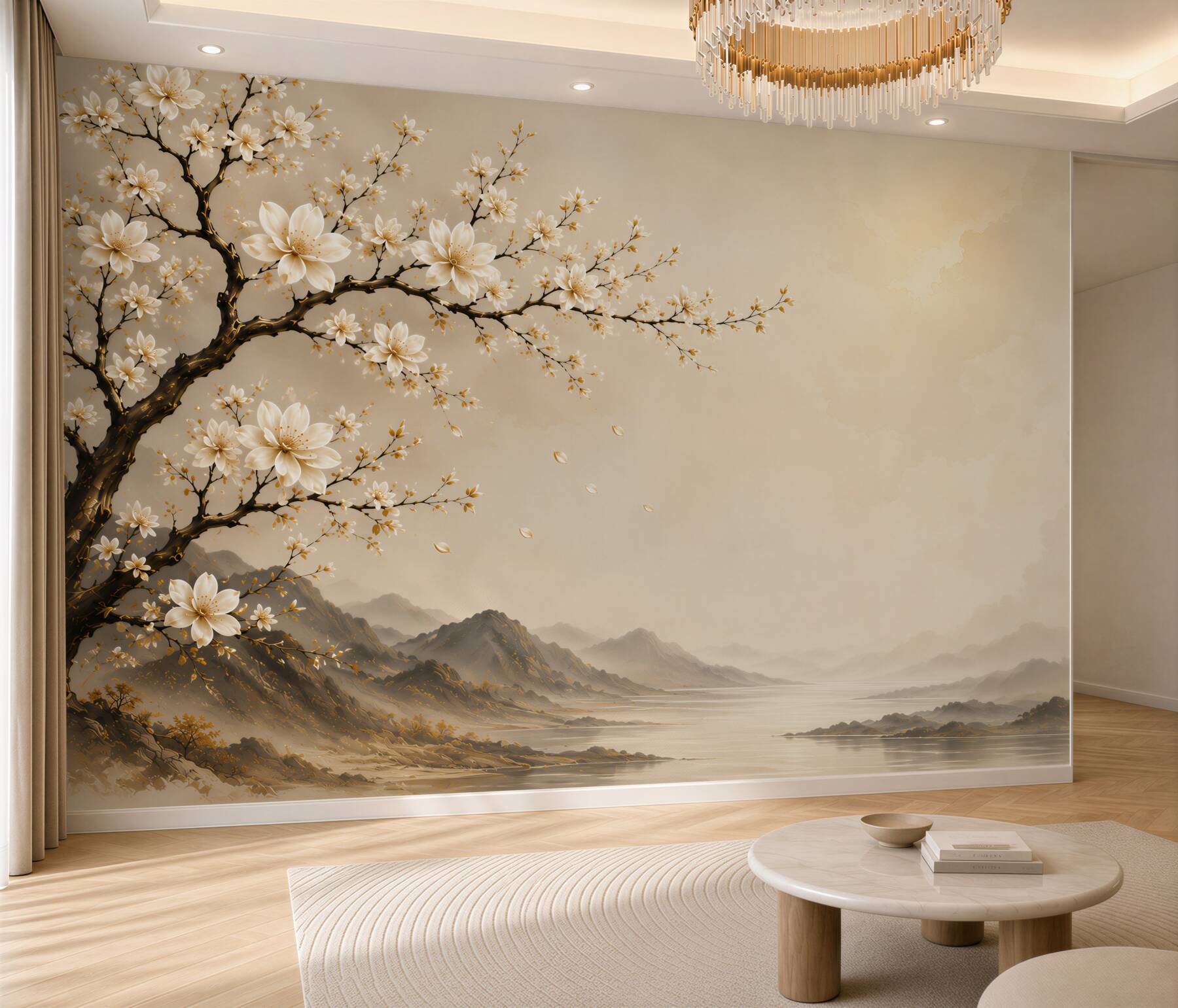 Fototapeten blühende Magnolie mit Landschaft