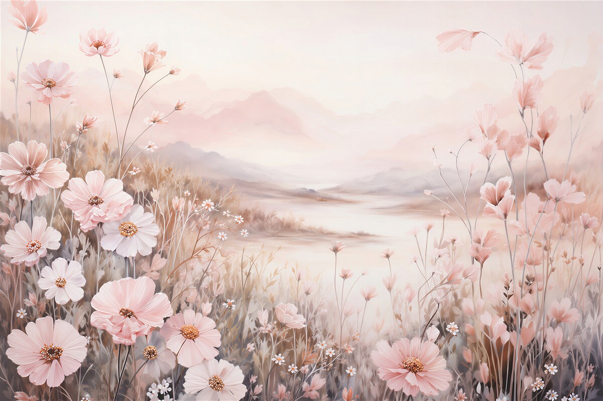 Fototapeten rosa Blumen vor Landschaftshintergrund