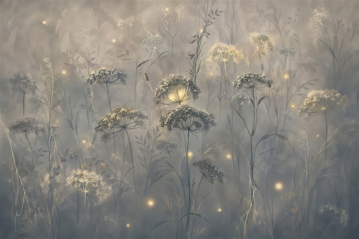 Fototapeten zarte Wildblumen mit Glühwürmchen