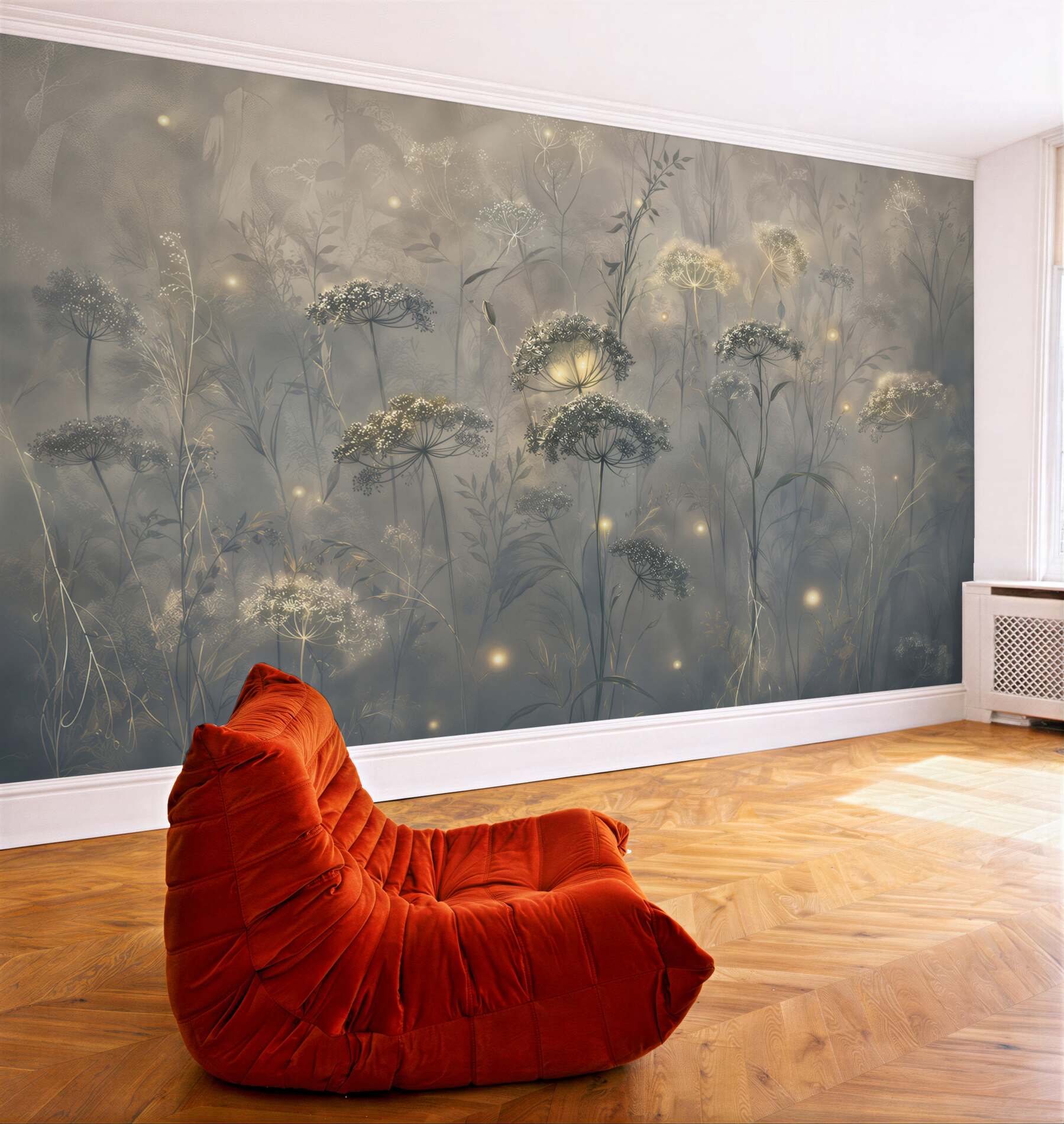 Fototapeten zarte Wildblumen mit Glühwürmchen
