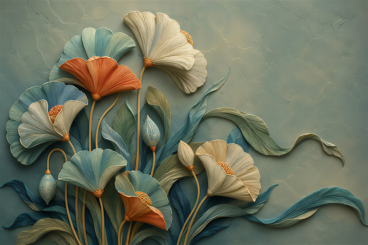 Fototapeten 3D Blumen auf grünem Hintergrund