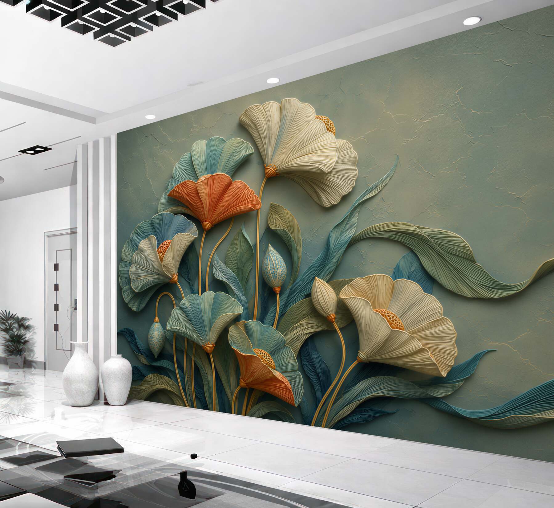 Fototapeten 3D Blumen auf grünem Hintergrund