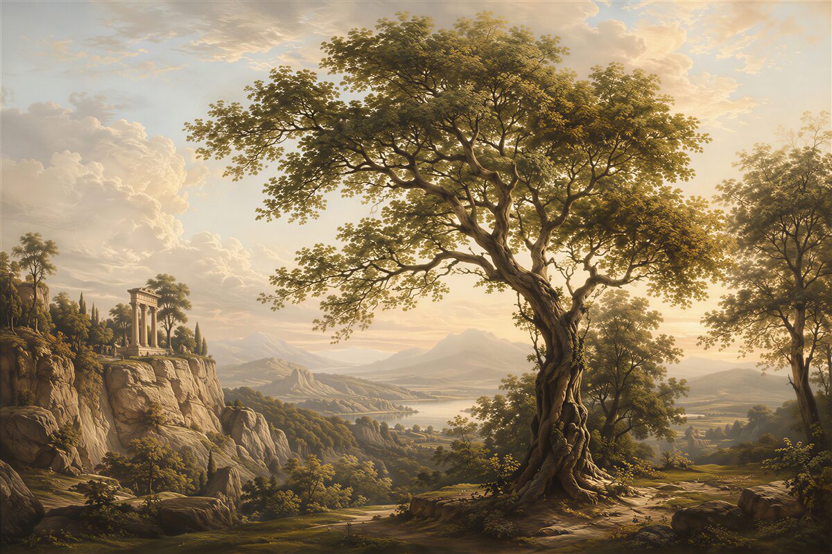 Fototapeten Landschaft mit Baum und Bergen