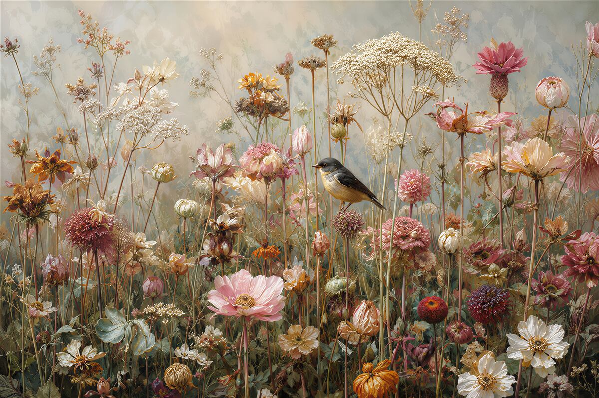 Fototapeten Wilde Blumen mit einem Vogel