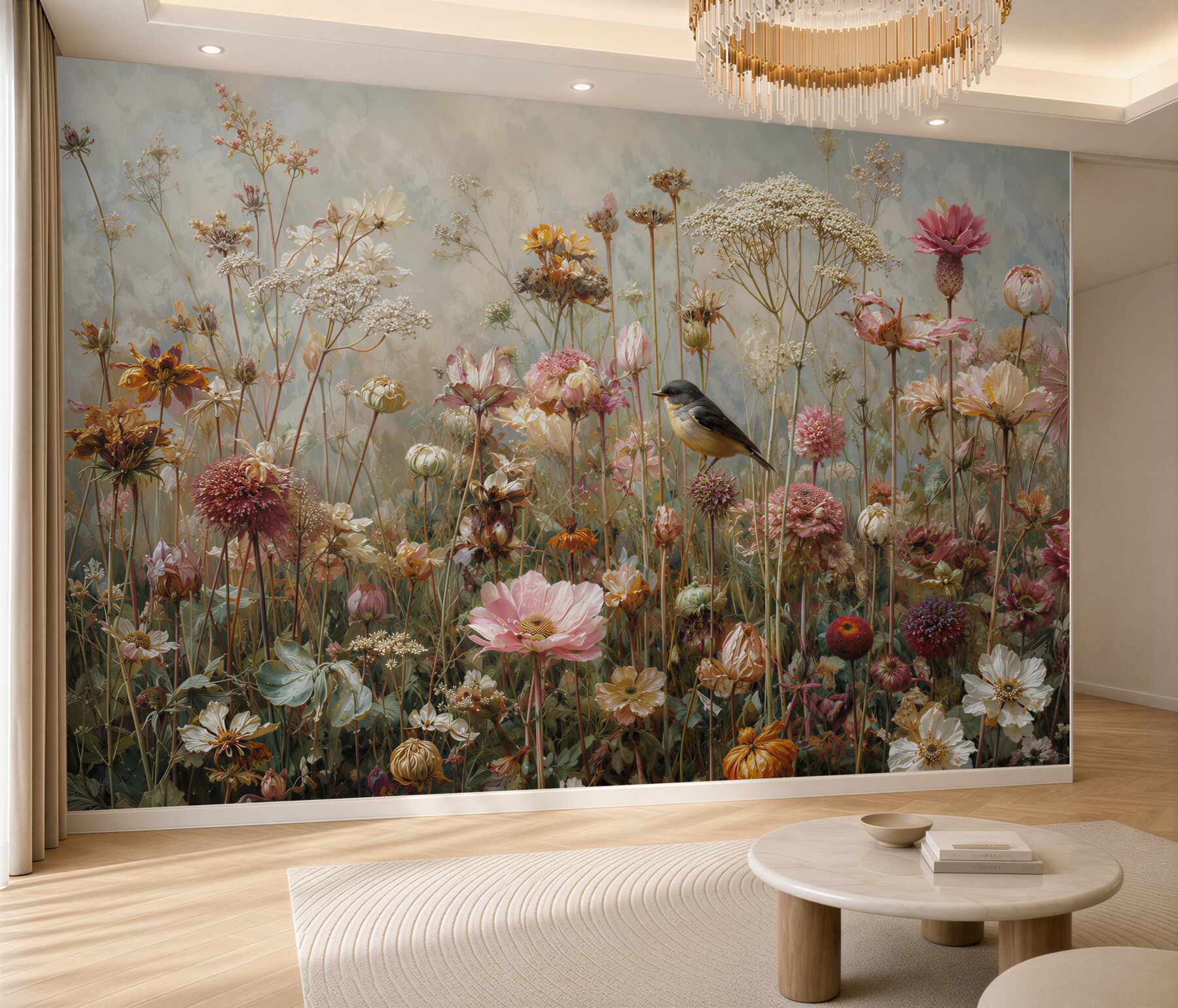 Fototapeten Wilde Blumen mit einem Vogel