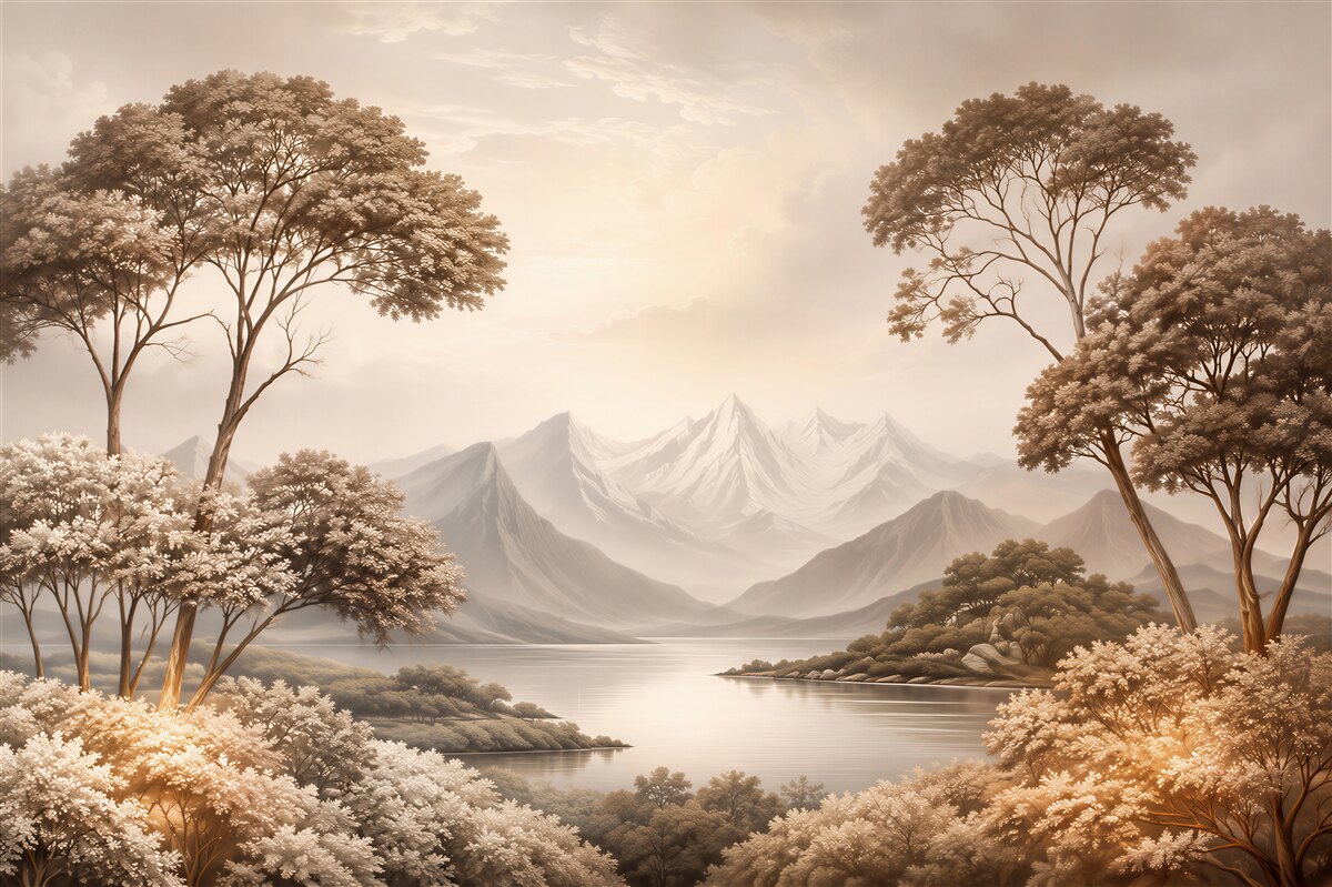 Fototapeten Berglandschaft mit See