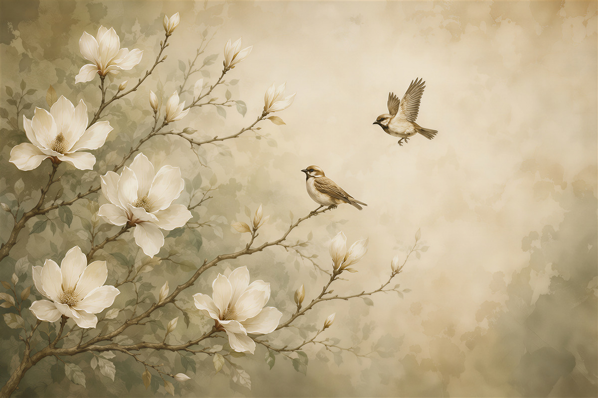 Fototapeten Magnolien und Vögel