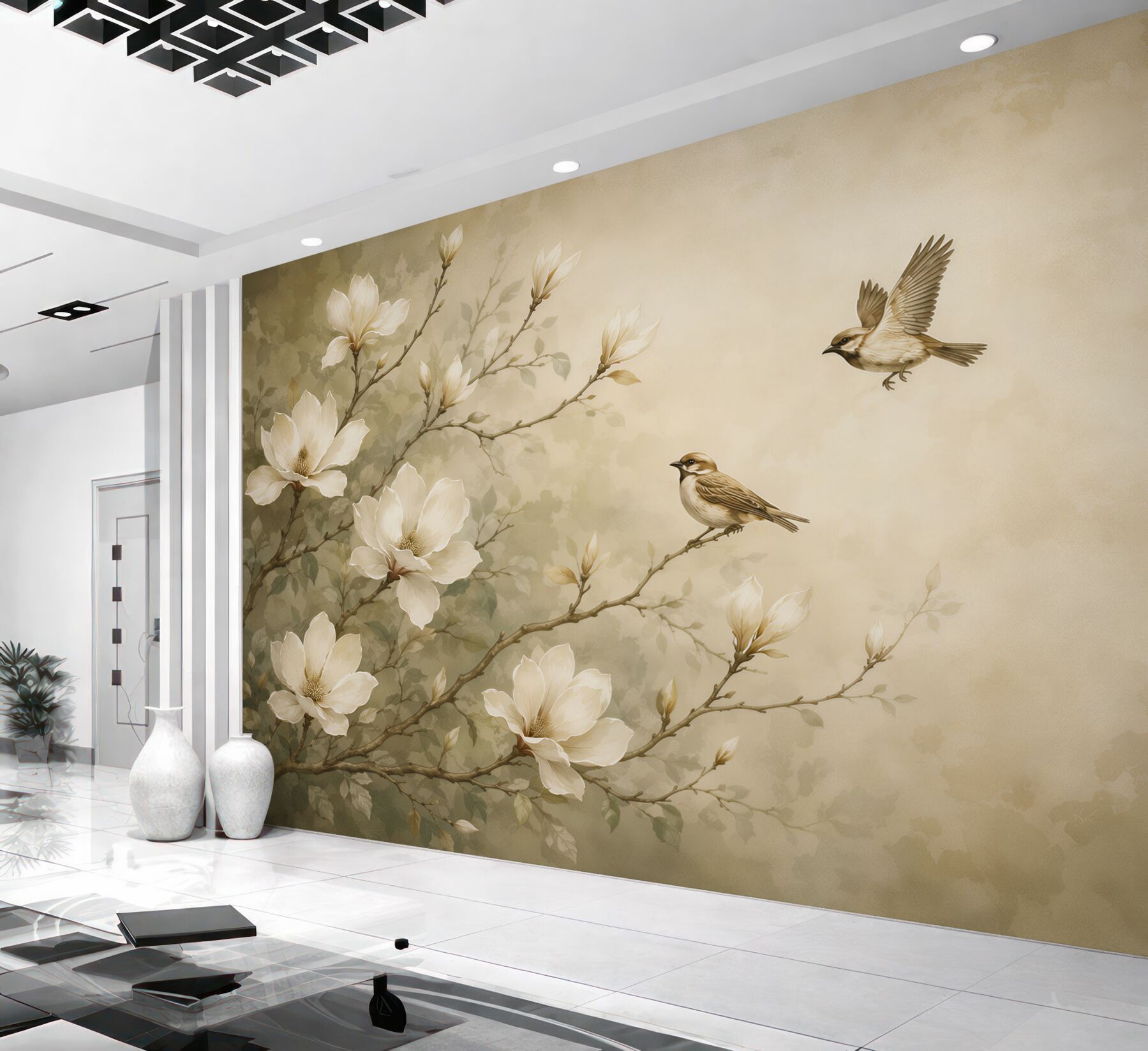 Fototapeten Magnolien und Vögel