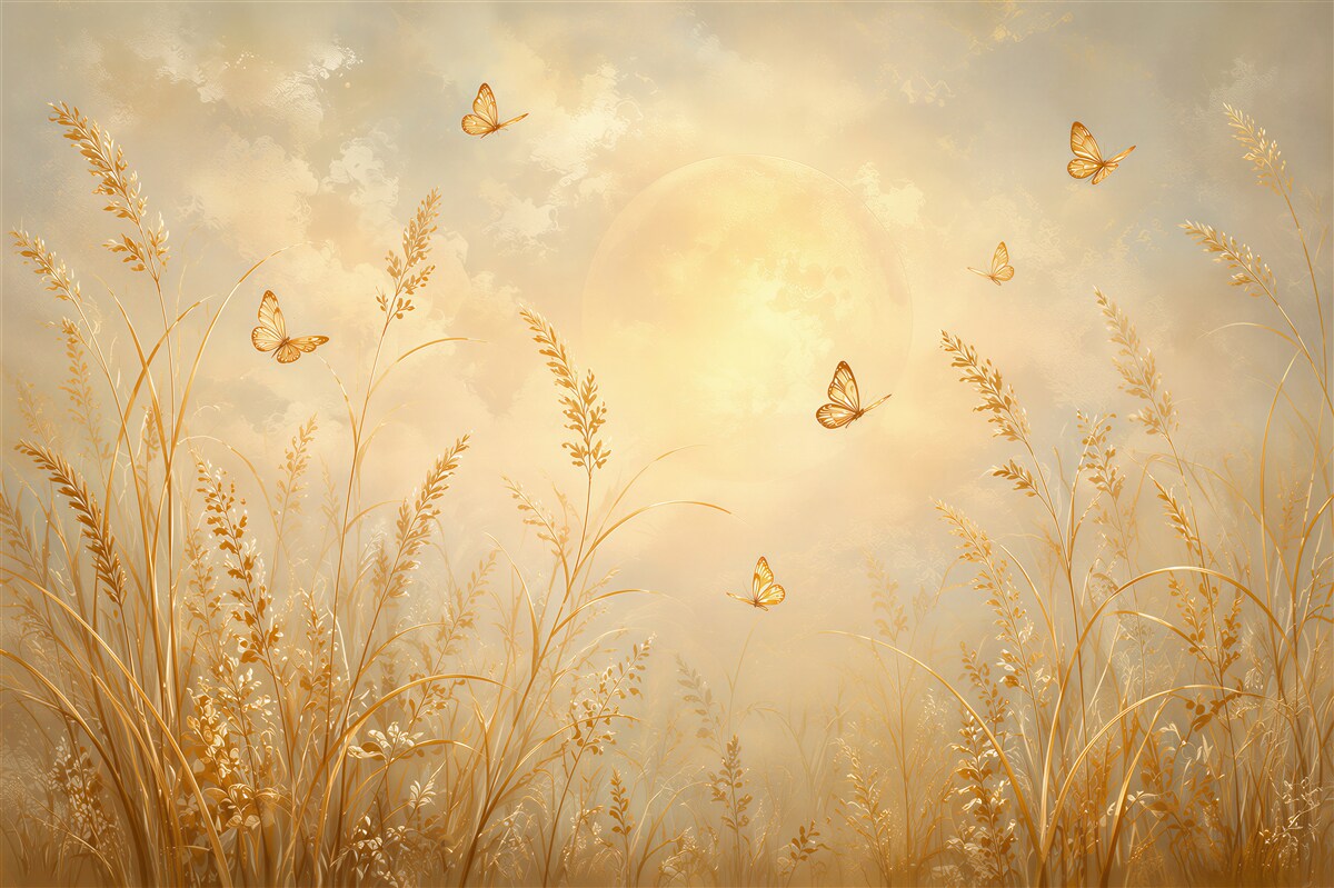 Fototapeten goldene Schmetterlinge und Gräser