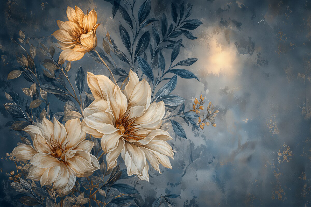Fototapeten cremefarbene Blumen auf blauem Hintergrund