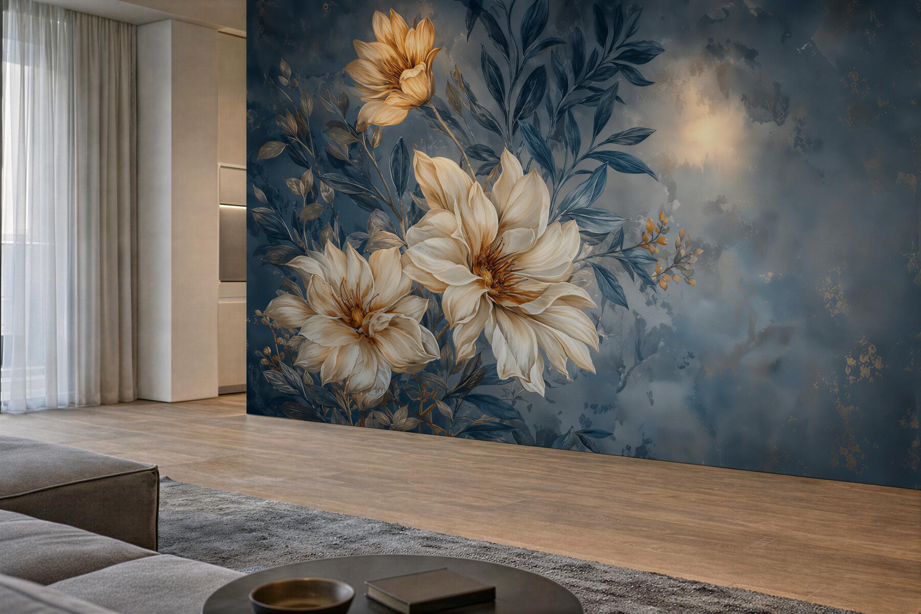 Fototapeten cremefarbene Blumen auf blauem Hintergrund