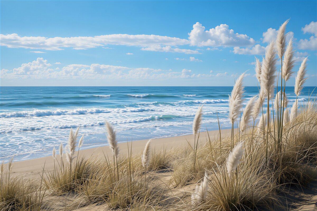 Fototapeten Strand mit Gräsern