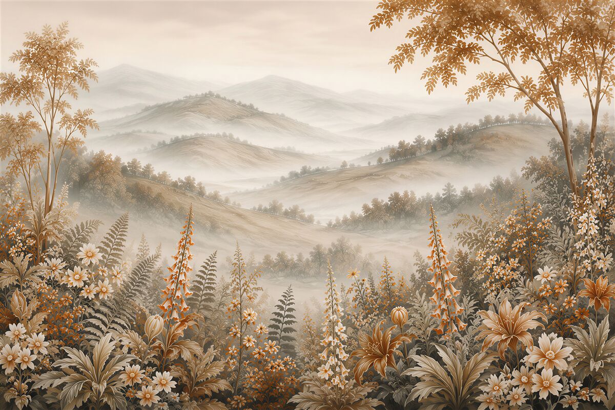 Fototapeten Berglandschaft mit Blumen